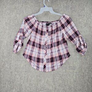 Polly & Esther Women Plaid Off-Shoulder Top Pink/Burgundy Size M 3/4 Sleeve